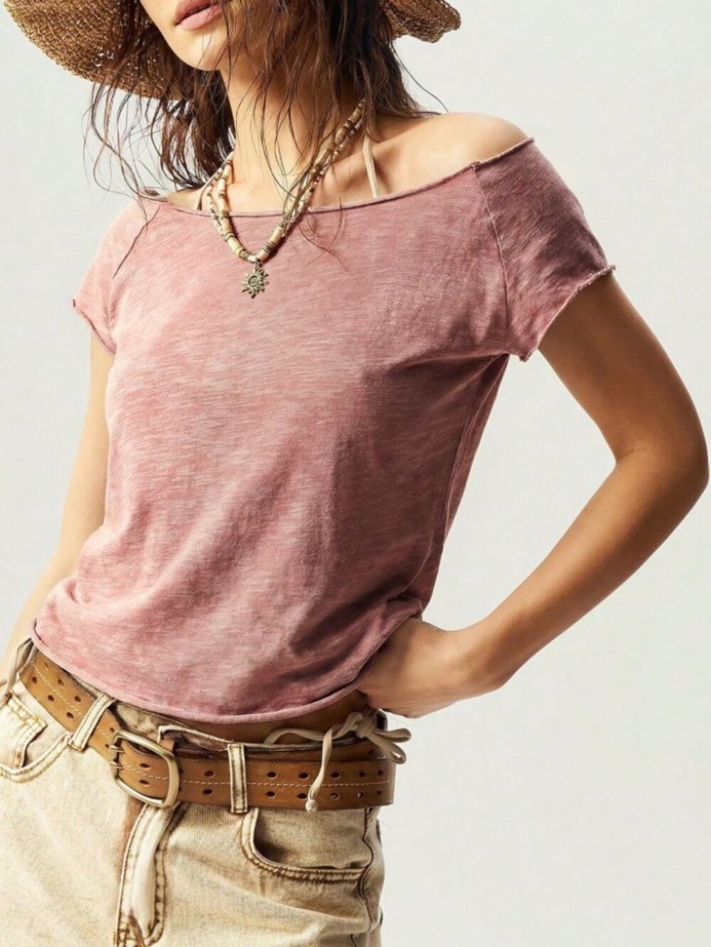 Mauve Pink Off-Shoulder Raw Hem Tee - Picture 1 of 6